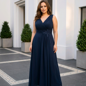 Navy  Ruched Bodice Gown with Lace Up Back, Size 20