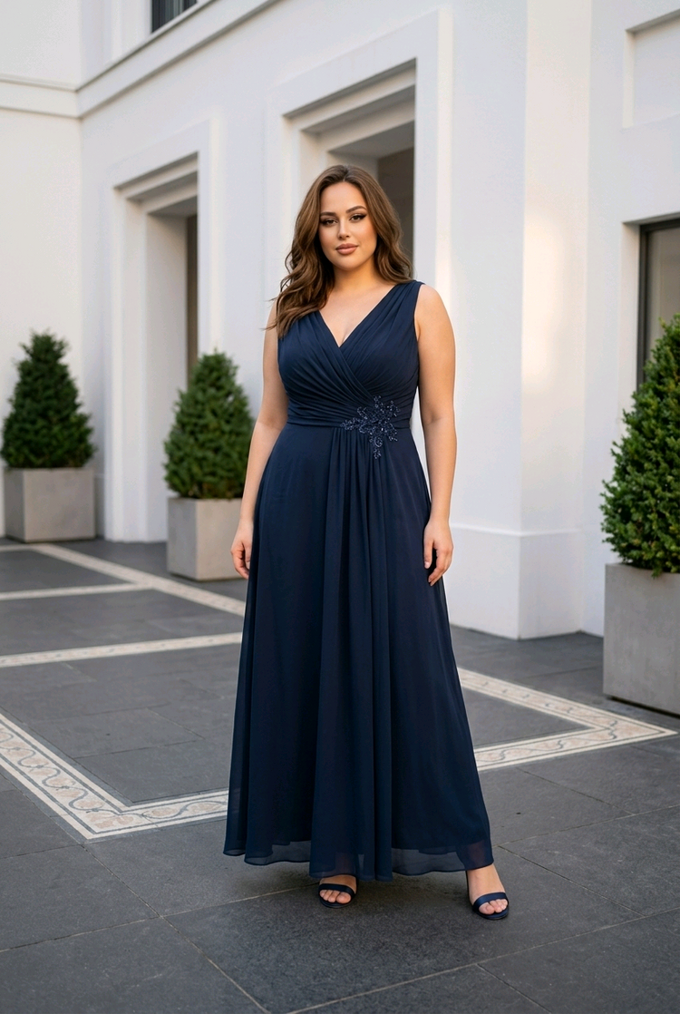 Navy  Ruched Bodice Gown with Lace Up Back, Size 20
