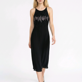 Cachet Black Sheath Dress with Speckled Bead Embellishment, Size 8