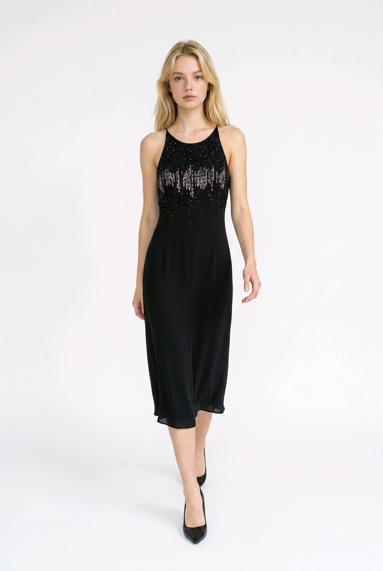 Cachet Black Sheath Dress with Speckled Bead Embellishment, Size 8