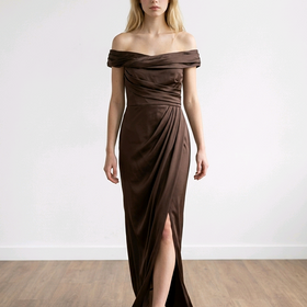 Chocolate Brown Satin Off-Shoulder Gown, Size 2