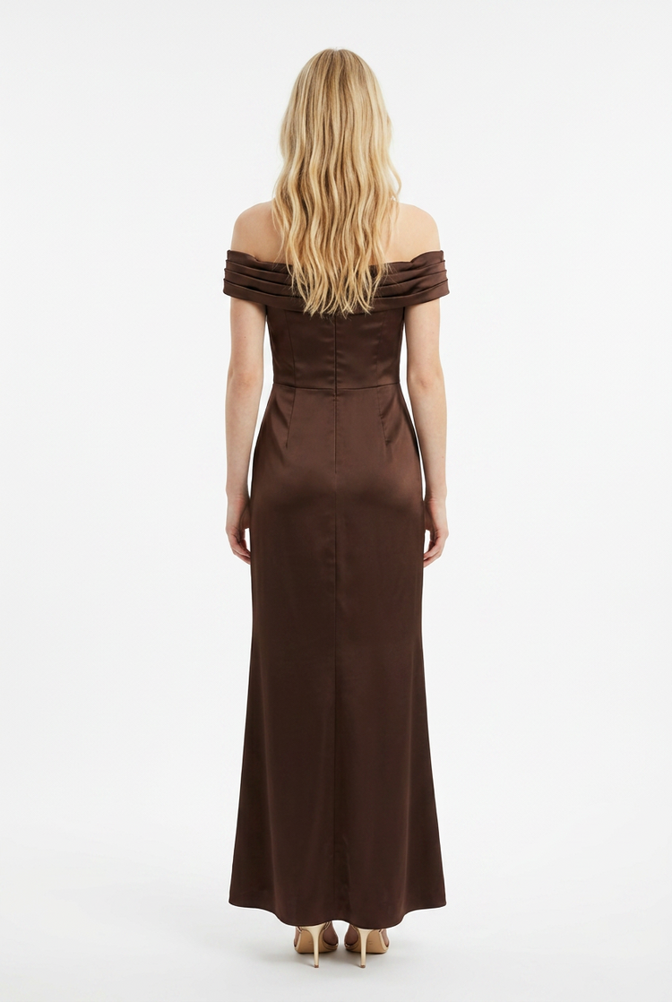 Chocolate Brown Satin Off-Shoulder Gown, Size 2