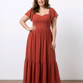 Dark Terracotta Gown with Flutter Sleeves, Size 18