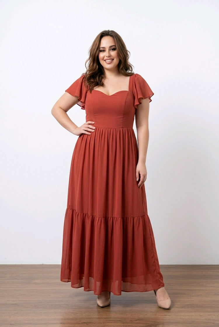 Dark Terracotta Gown with Flutter Sleeves, Size 18