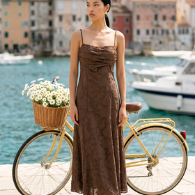 Chocolate Brown Floral Textured Gown with Strappy Back, Size 2