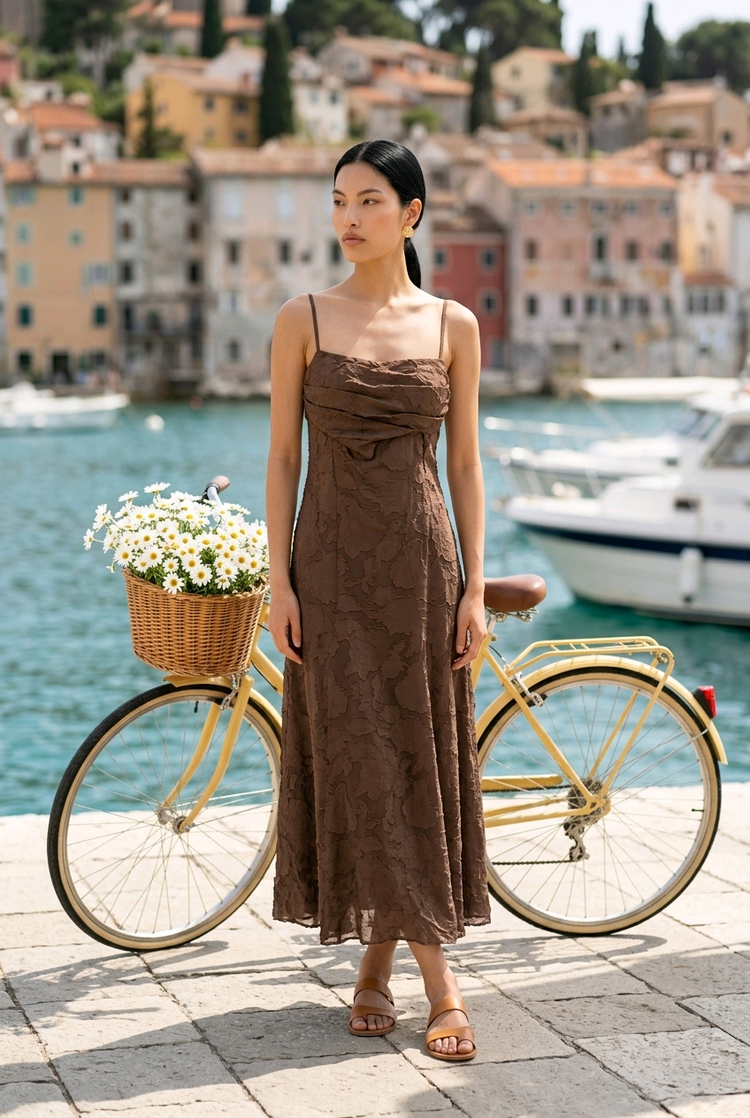 Chocolate Brown Floral Textured Gown with Strappy Back, Size 2