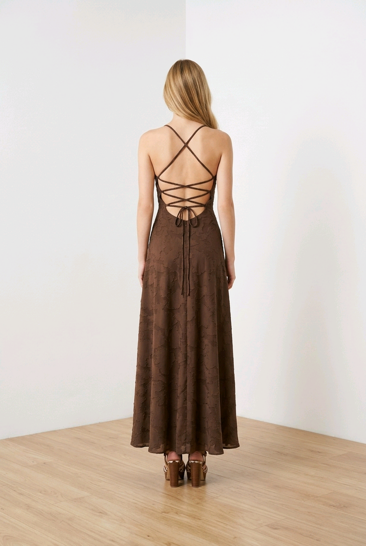 Chocolate Brown Floral Textured Gown with Strappy Back, Size 2