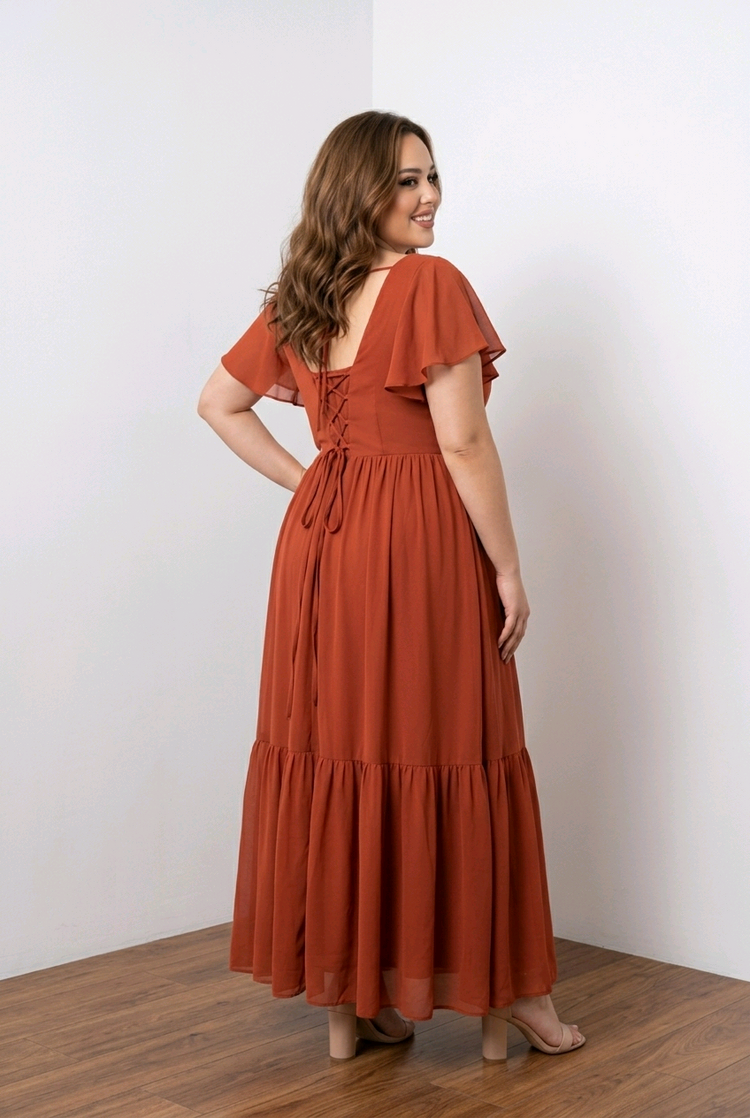 Dark Terracotta Gown with Flutter Sleeves, Size 18