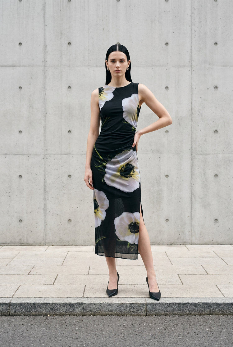 Black Stretch Mesh Floral Gown with Side Ruching, Size XS