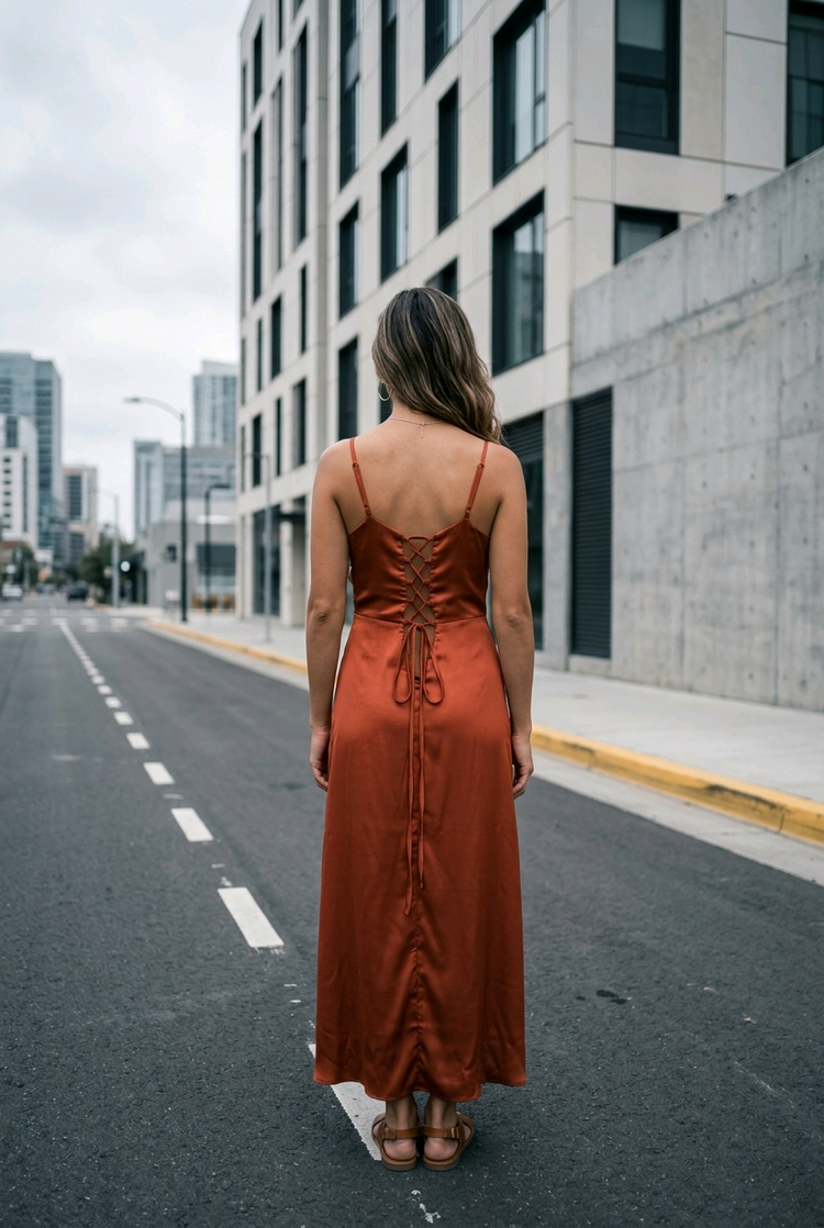 Terracotta Satin Gown with Draped Bodice and Corset Back, Size 16W