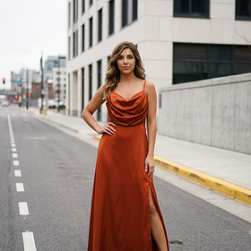 Terracotta Satin Gown with Draped Bodice and Corset Back, Size 16W