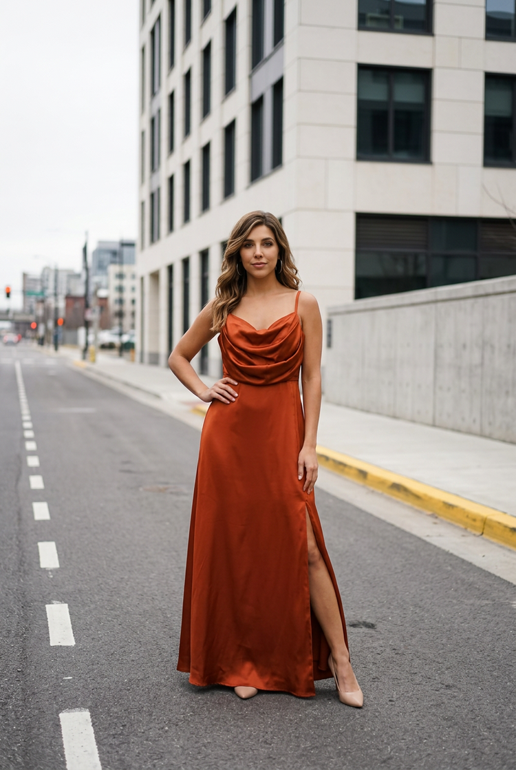 Terracotta Satin Gown with Draped Bodice and Corset Back, Size 16W