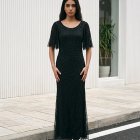 Black Fully Beaded Gown with Radiant Patterning, Size 20