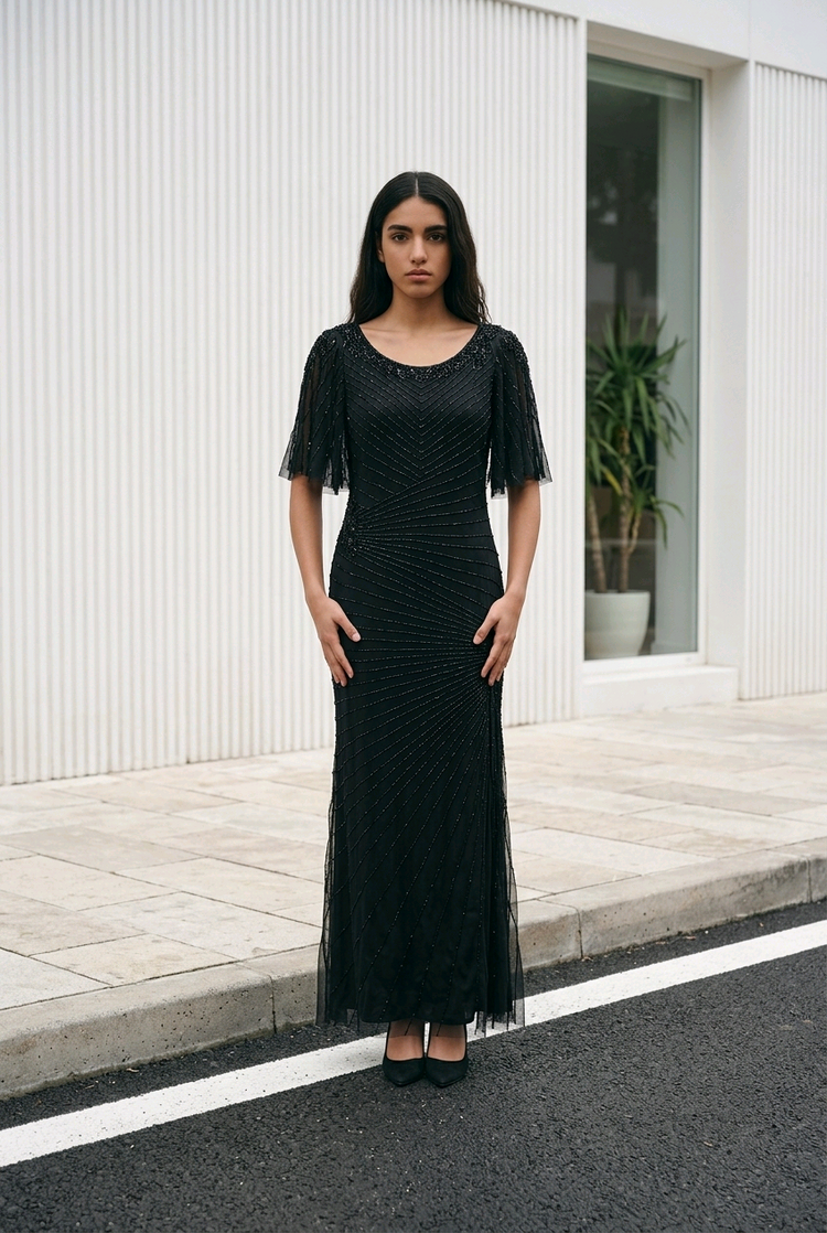 Black Fully Beaded Gown with Radiant Patterning, Size 20