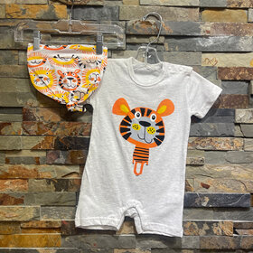 Gray Tiger Stripe Romper with Hat
