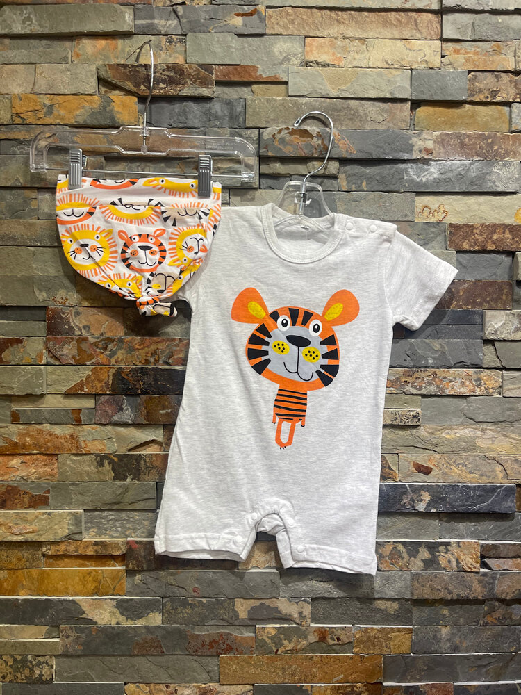 Gray Tiger Stripe Romper with Hat