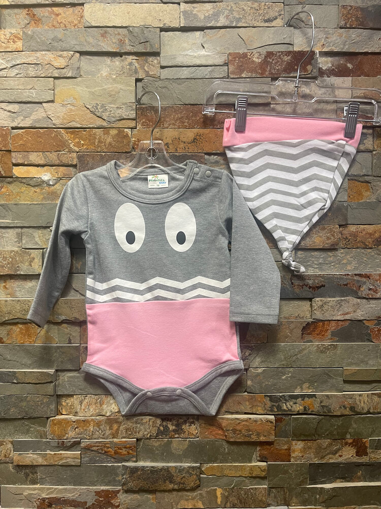 Gray and Pink Romper with Hat, Size 3-6 Mos
