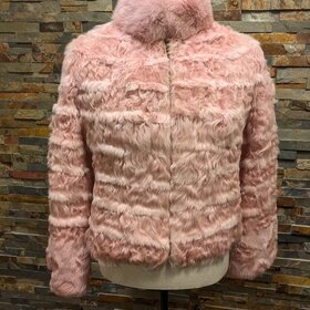Curly Candy Pink Lamb and Rex Rabbit Intarsia Jacket w Fox Collar, M