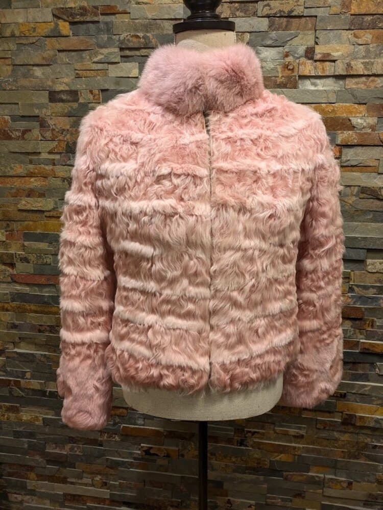 Curly Candy Pink Lamb and Rex Rabbit Intarsia Jacket w Fox Collar, M