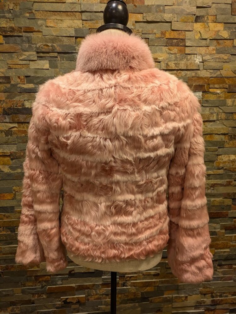 Curly Candy Pink Lamb and Rex Rabbit Intarsia Jacket w Fox Collar, M