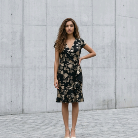 Black Dress with Gold Foil Flowers, Size 14