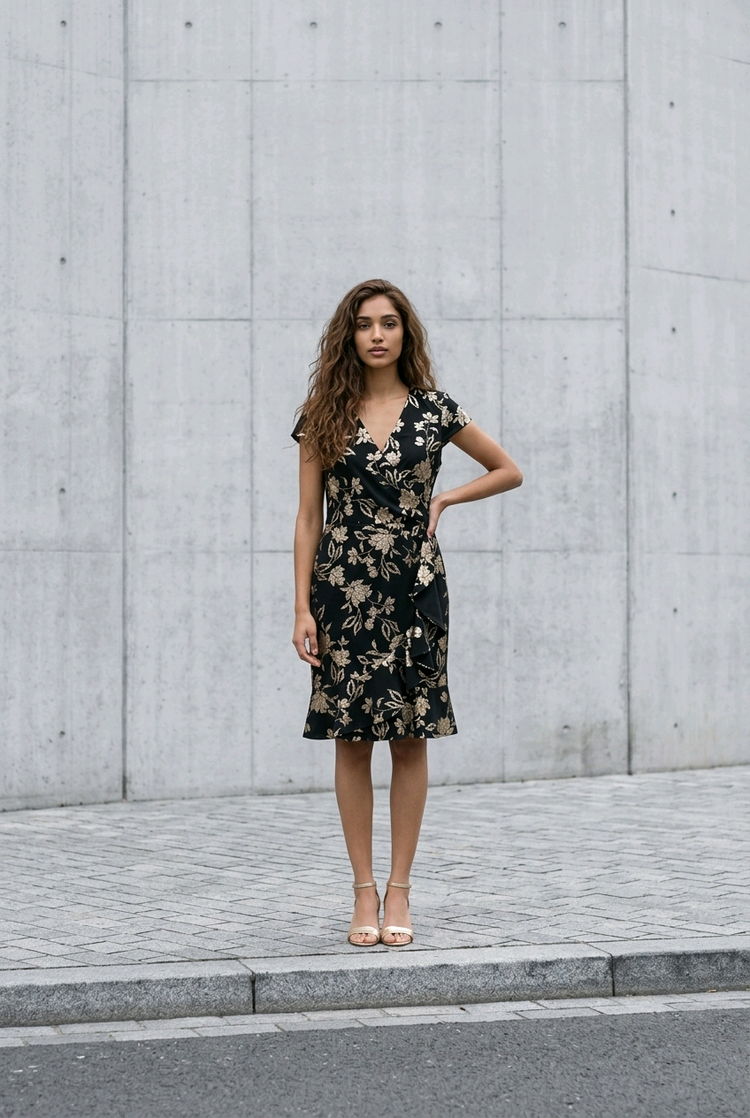 Black Dress with Gold Foil Flowers, Size 14