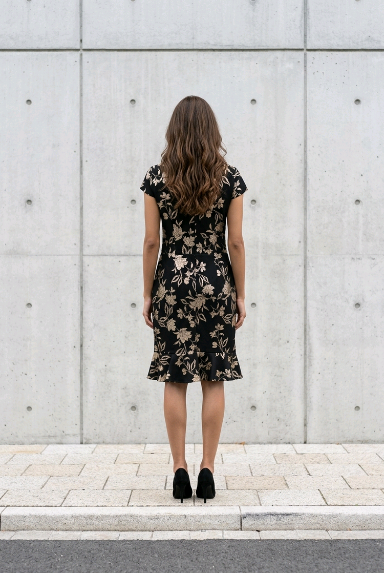 Black Dress with Gold Foil Flowers, Size 14