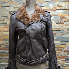 Brown Genuine Leather Moto Jacket with Ranch Mink Sections Trim, M