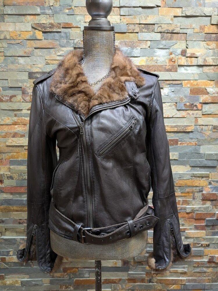 Brown Genuine Leather Moto Jacket with Ranch Mink Sections Trim, M