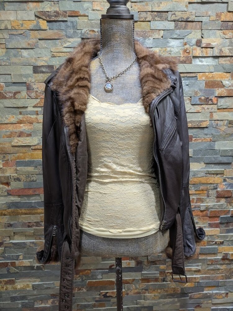 Brown Genuine Leather Moto Jacket with Ranch Mink Sections Trim, M