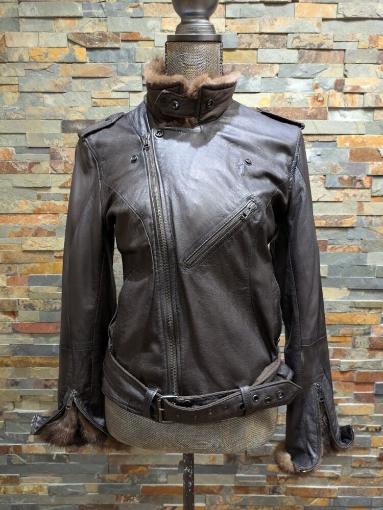 Brown Genuine Leather Moto Jacket with Ranch Mink Sections Trim, M
