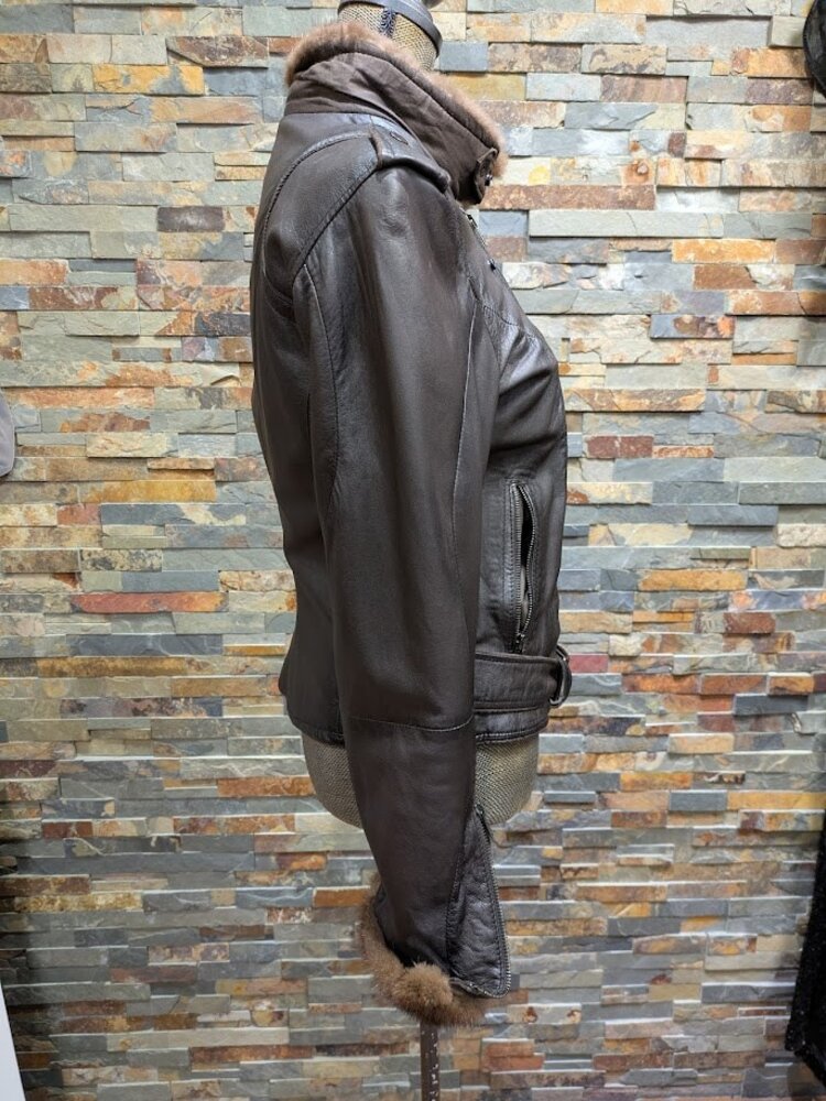 Brown Genuine Leather Moto Jacket with Ranch Mink Sections Trim, M