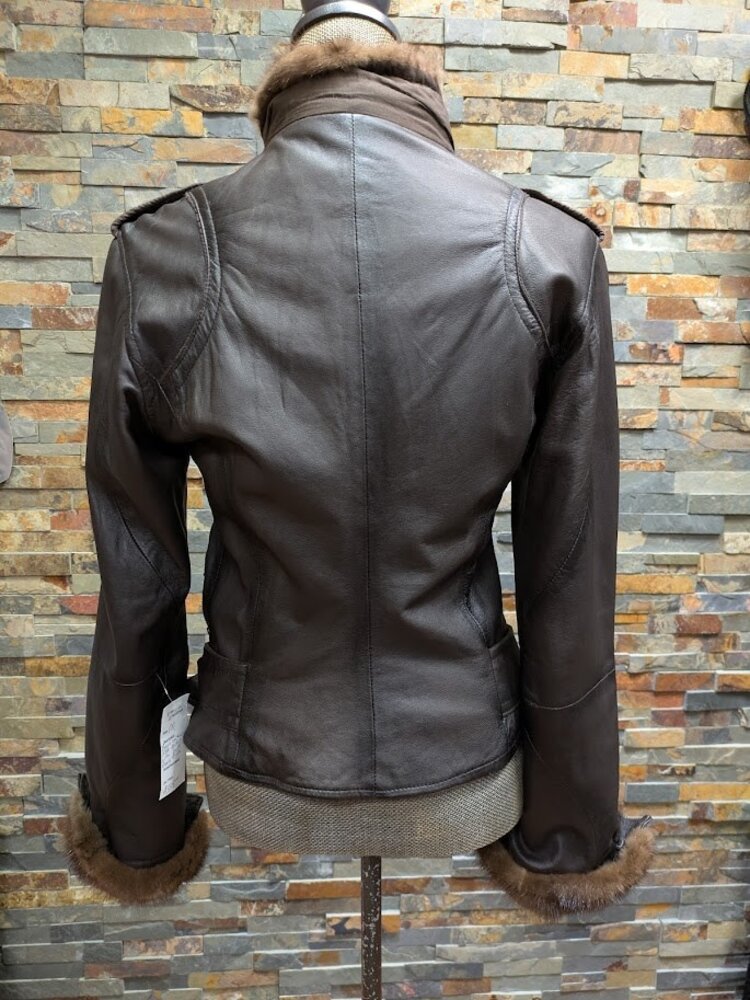Brown Genuine Leather Moto Jacket with Ranch Mink Sections Trim, M