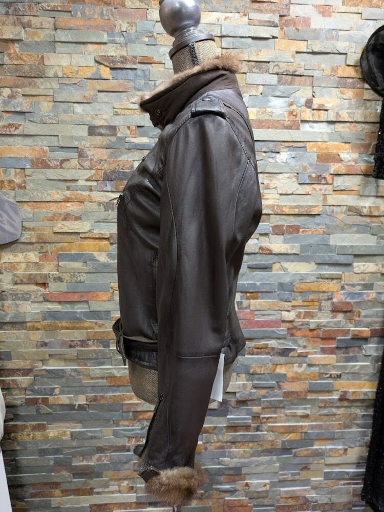 Brown Genuine Leather Moto Jacket with Ranch Mink Sections Trim, M