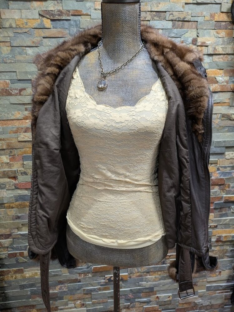 Brown Genuine Leather Moto Jacket with Ranch Mink Sections Trim, M