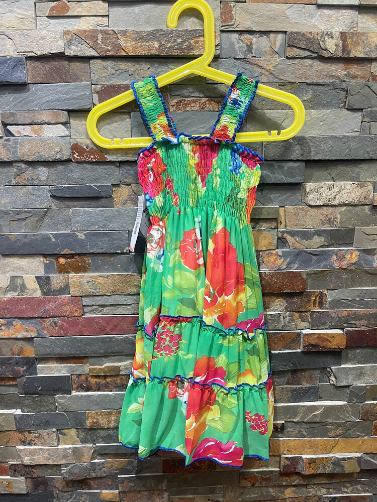 Green Floral Print Chiffon Ruffled Dress
