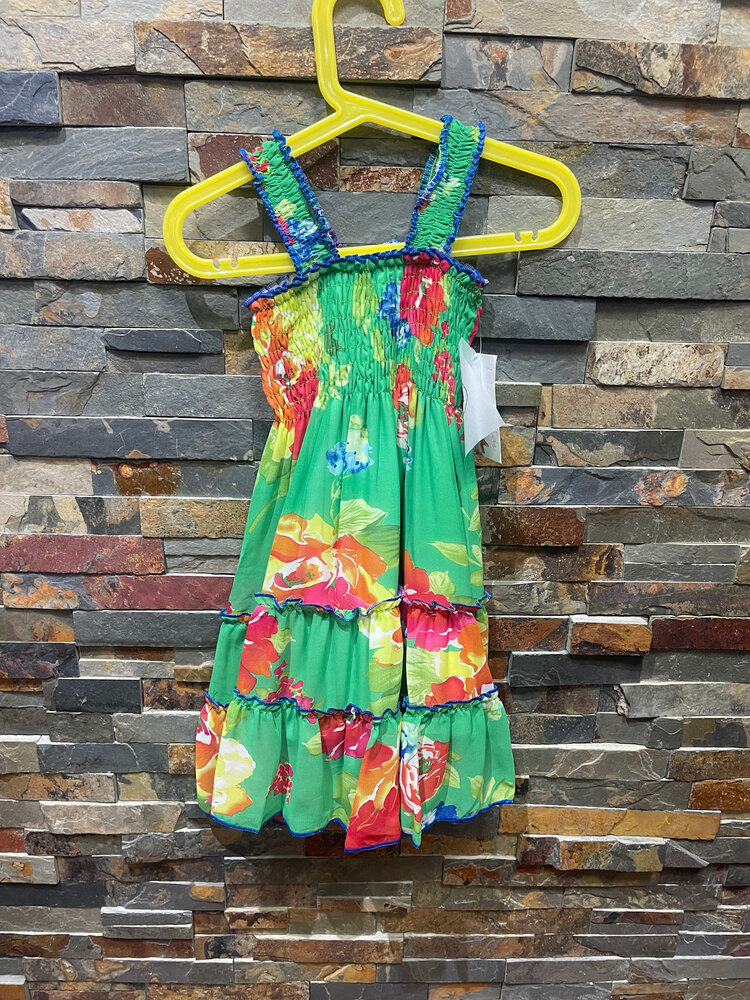 Green Floral Print Chiffon Ruffled Dress