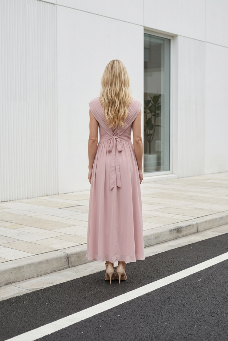 Pale Pink Pleated Bodice Dress with Lace Up Back, Size 10