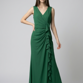 Green Ruched and Ruffled Gown with Lace Up Back, Size 12