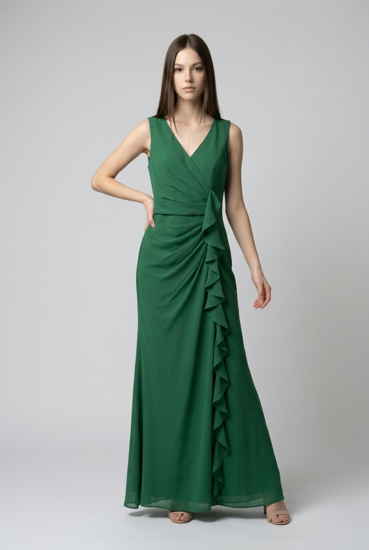 Green Ruched and Ruffled Gown with Lace Up Back, Size 12