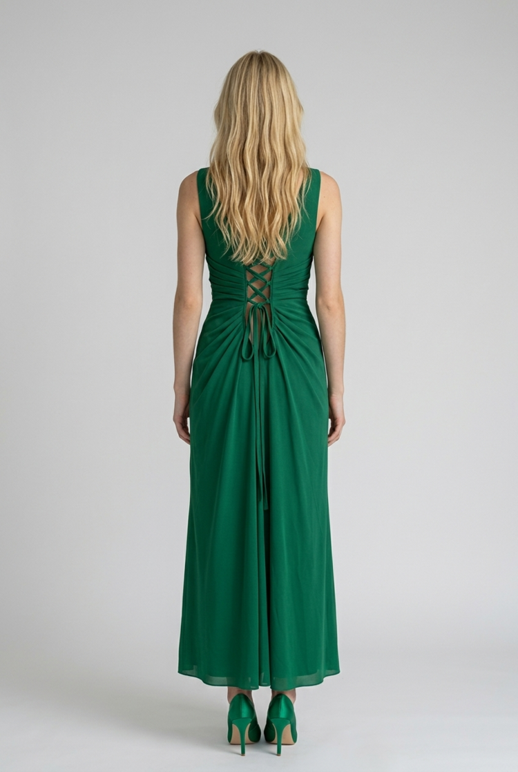 Green Ruched and Ruffled Gown with Lace Up Back, Size 12