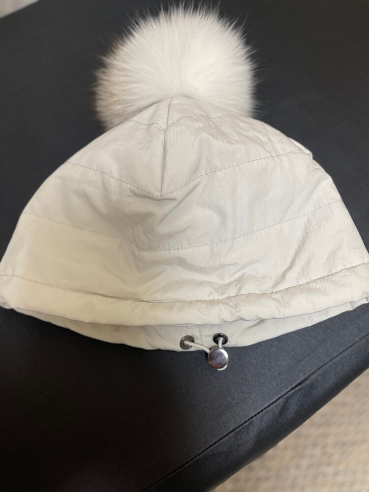 Pearl Quilted Adjustable Cap with Fox Pom Pon, O/S