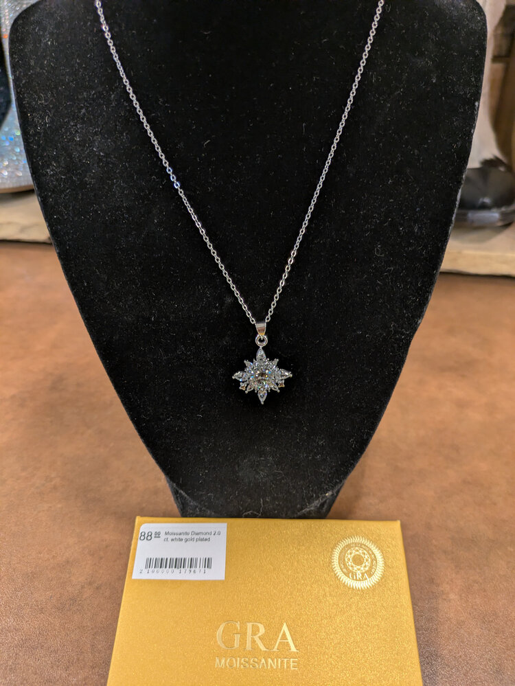 Moissanite Diamond 2.0 ct Necklace, Star Setting, white gold plated