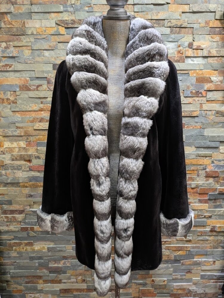 Sheared Black Mink with Chinchilla Trim, Reversible M Raincoat
