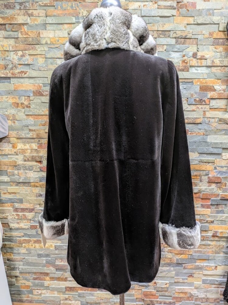 Sheared Black Mink with Chinchilla Trim, Reversible M Raincoat