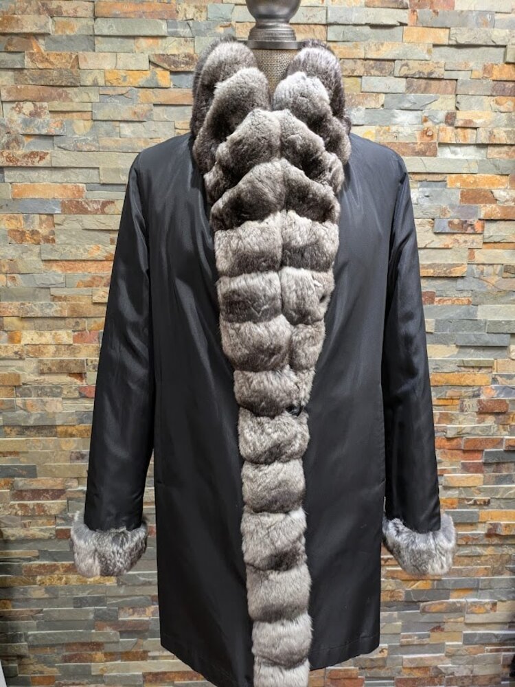 Sheared Black Mink with Chinchilla Trim, Reversible M Raincoat