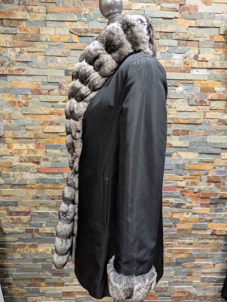 Sheared Black Mink with Chinchilla Trim, Reversible M Raincoat