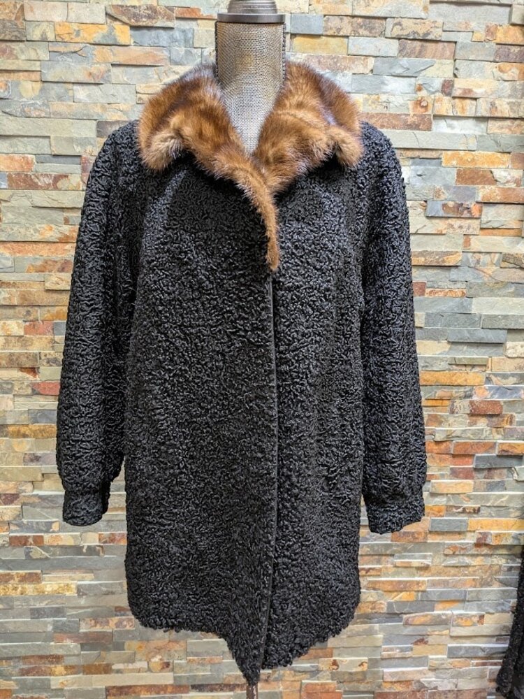 Black Persian Lamb Stroller with Whisky Ranch Mink Collar, Large
