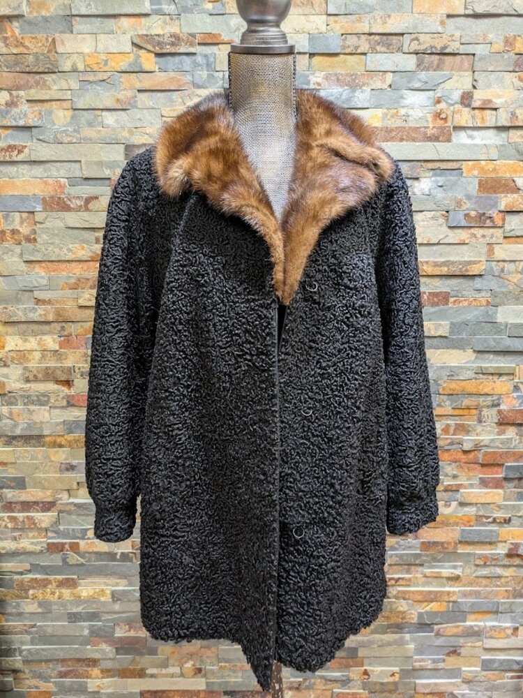Black Persian Lamb Stroller with Whisky Ranch Mink Collar, Large