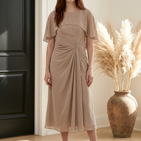 Taupe Dress with Caplet and Ruched Waistline, Size 12